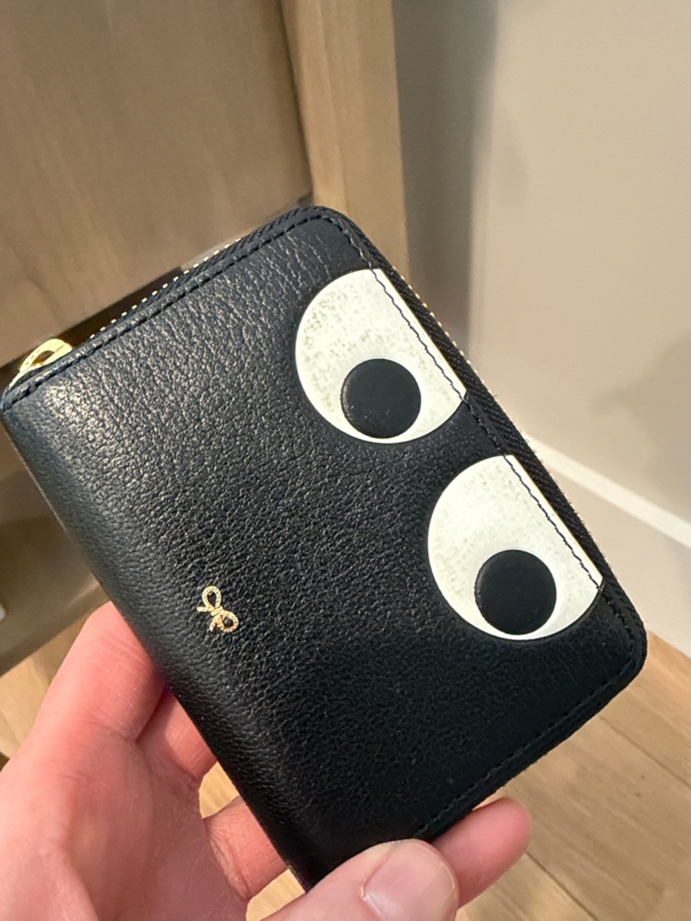 Anya Hindmarch Black Leather Card Wallet with White Eye Detail